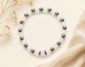 Moondust Bracelet | White & Pale Pink Beaded Stretch Bracelet | Silver Tone Handmade Gift