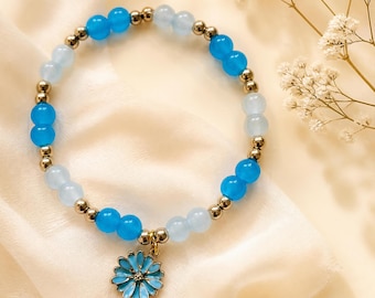 Blue Horizon Bracelet | Blue & Gold Beaded Stretch Bracelet | Handmade Jewellery Gift