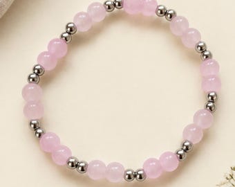 Pink Pearl Bracelet | Pale Pink & Silver Beaded Stretch Bracelet | Handmade Jewellery Gift