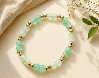 Green Glow Bracelet | Green & Gold Beaded Stretch Bracelet | Handmade Jewellery Gift