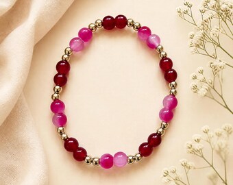 Berry Gold Bracelet | Pink, Red & Gold Beaded Stretch Bracelet | Handmade Jewellery Gift