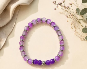 Violet Glow Bracelet | Purple & Silver Beaded Stretch Bracelet | Handmade Jewellery Gift