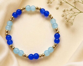 Blue Current Bracelet | Blue & Gold Beaded Stretch Bracelet | Handmade Jewellery Gift