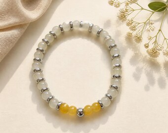 Sunbeam Bracelet | White & Yellow Beaded Stretch Bracelet | Silver Tone Handmade Jewellery Gift