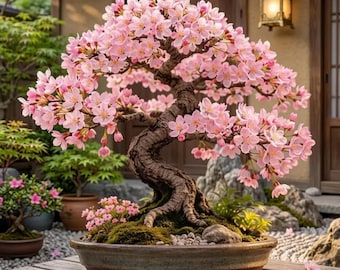Lebender japanischer Kirschblüten-Bonsai, rosa Sakura-Blütenpflanze (für drinnen und draußen)