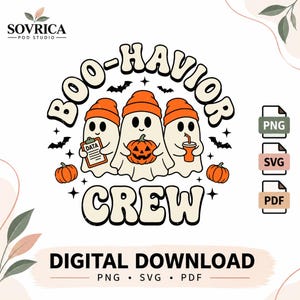 May include: A digital graphic design featuring three white ghosts wearing orange beanies with the text BOO-HAVIOR CREW. The ghosts hold a clipboard labelled DATA, a jack-o'-lantern, and a drink cup. Includes bats, stars, and pumpkins.