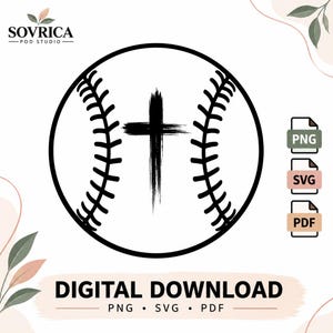Puede incluir: Un gráfico digital en blanco y negro de una pelota de béisbol con un diseño de cruz central estilo pincelada. La imagen incluye etiquetas de texto para formatos PNG, SVG y PDF, junto con el texto SOVRICA POD STUDIO y DIGITAL DOWNLOAD.