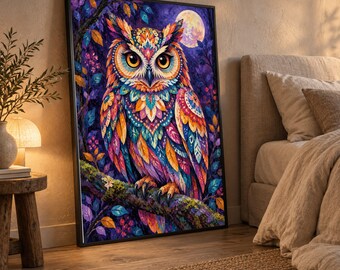 Vibrant Colorful Owl Canvas Wall Art, Abstract Night Forest, Full Moon Wildlife Decor, Nature Animal Canvas, Bold Feather Design