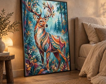 Vibrant Forest Deer Canvas Wall Art, Colorful Nature Animal Decoration, Floral Antler Canvas, Woodland Wildlife Home Decor