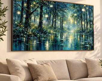 Enchanted Forest Night, Glowing Lanterns Canvas, Mystical Woodland Water Reflection, Dreamy Landscape Canvas, Atmospheric Wall Art