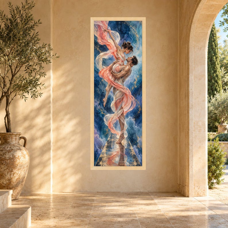Romantic Dance Embrace Canvas, Couple Flowing Fabrics, Ethereal Love Wall Art, Abstract Sky Background, Elegant Home Decoration image 8