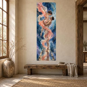 Romantic Dance Embrace Canvas, Couple Flowing Fabrics, Ethereal Love Wall Art, Abstract Sky Background, Elegant Home Decoration image 6