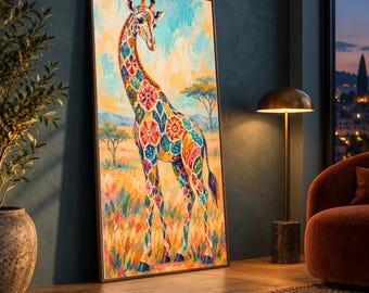 Colorful Floral Pattern Giraffe, African Savanna Canvas, Vibrant Animal Wall Art, Nature Landscape Canvas, Decorative Home Art Print