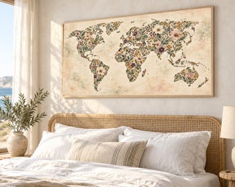 Vintage World Map Canvas, Floral Decorative Wall Art, Botanical Globe Design, Travel Home Decor, Sepia Toned Canvas