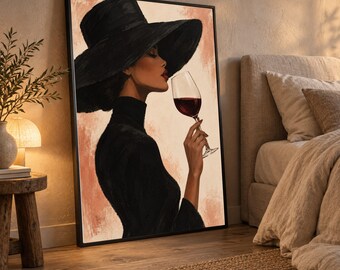 Elegant Woman with Wine Glass Canvas, Chic Black Hat Portrait, Sophisticated Lifestyle Wall Art, Modern Home Decoration Canvas