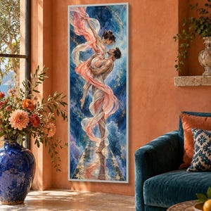Romantic Dance Embrace Canvas, Couple Flowing Fabrics, Ethereal Love Wall Art, Abstract Sky Background, Elegant Home Decoration image 2