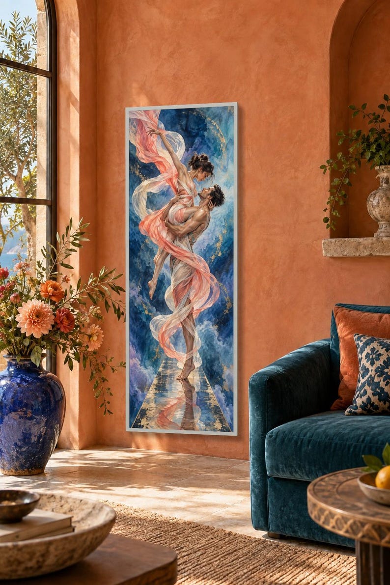 Romantic Dance Embrace Canvas, Couple Flowing Fabrics, Ethereal Love Wall Art, Abstract Sky Background, Elegant Home Decoration image 2