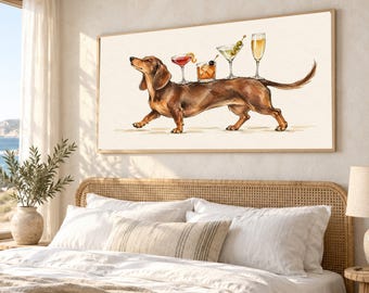 Playful Dachshund with Cocktails Canvas, Fun Dog Illustration Wall Art, Drink Serving Art Print, Quirky Home Decor Canvas