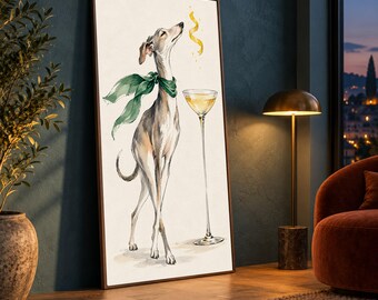 Elegant Italian Greyhound Canvas Art, Green Scarf Dog Illustration, Champagne Glass Wall Decor, Whimsical Pet Canvas, Modern Home Decoration