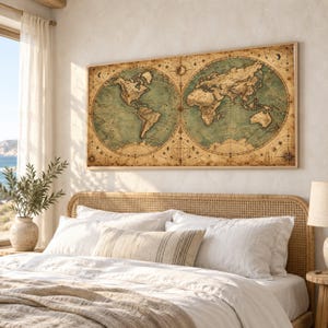 May include: A rectangular wall art piece featuring a vintage-style world map with two circular hemispheres. The map displays continents in muted green and tan tones against an aged parchment background, framed in a light-colored wooden border.