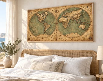 Vintage World Map Canvas, Antique Style Globe Wall Art, Nautical Home Decor, Explorers Map Print, Historical Cartography Canvas