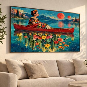 Woman Floral Dress Canoeing, Red Canoe Canvas Art, Surreal Landscape Wall Art, Lake Reflection Canvas, Vibrant Nature Decor, Modern Home