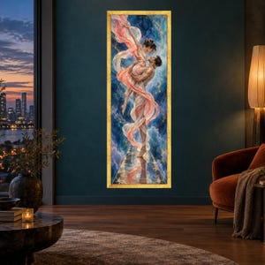 Romantic Dance Embrace Canvas, Couple Flowing Fabrics, Ethereal Love Wall Art, Abstract Sky Background, Elegant Home Decoration image 9