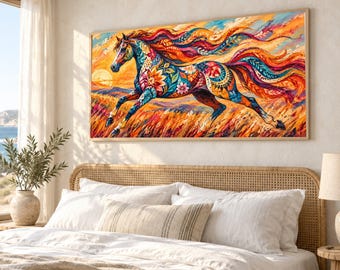 Vibrant Floral Horse Canvas, Colorful Running Horse Wall Art, Sunset Landscape Canvas, Bohemian Animal Canvas, Nature Home Decor