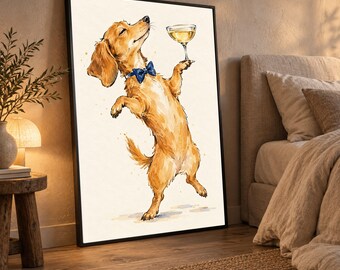Elegant Dachshund Dog Canvas, Blue Bow Tie Wall Art, Funny Pet Illustration, Home Decor Canvas, Whimsical Animal Artwork