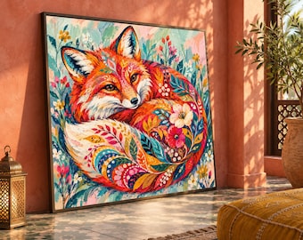 Vibrant Floral Fox Canvas, Colorful Animal Wall Art, Nature Home Decoration, Boho Style Forest Print, Ready to Hang Canvas