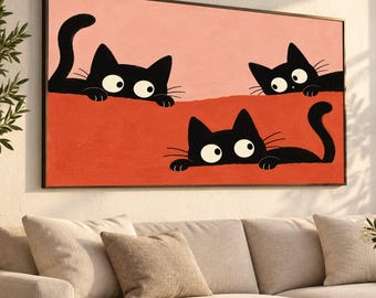 Playful Black Cats Canvas Wall Art, Cute Kitty Illustration, Whimsical Animal Home Decor, Cartoon Cat Canvas, Modern Wall Decoration