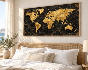 Gold World Map Canvas Wall Art, Black Marble Background, Modern Global Decor, Travel Theme Canvas, Luxury Office Wall Decoration