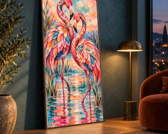 Vibrant Flamingo Pair Canvas, Colorful Tropical Birds Wall Art, Nature Reflection Canvas, Exotic Wildlife Home Decor, Ready to Hang