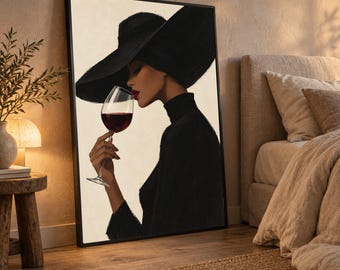 Elegant Woman with Red Wine Glass Canvas, Chic Black Hat Portrait, Sophisticated Wall Art, Modern Fashion Canvas, Glamour Home Decoration