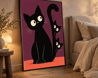 Playful Black Cats Canvas Wall Art, Cute Kitty Illustration, Whimsical Animal Decor, Modern Cat Art, Kids Room Wall Decoration