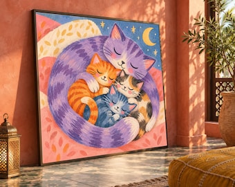 Cozy Cat Family Hug Canvas, Whimsical Cat Artwork, Cute Animal Wall Art, Nursery Room Decoration, Youthful Canvas Design