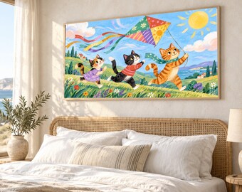 Playful Cats Flying Colorful Kite Canvas, Whimsical Animal Art, Sunny Day Landscape Wall Decor, Kids Room Canvas Art