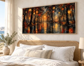 Autumn Forest Lanterns Canvas, Glowing Trees Wall Art, Reflected Light Canvas, Moody Nature Landscape, Warm Home Decoration