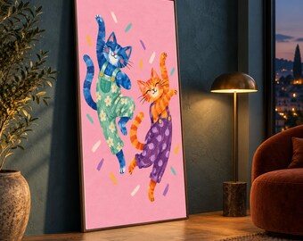 Playful Cats Dancing Canvas, Colorful Kitty Wall Art, Kids Room Decoration, Fun Animal Canvas Print, Happy Cat Illustration