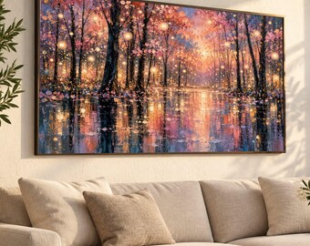 Enchanted Forest Glow, Spring Blossom Trees Canvas, Romantic Light Reflections, Magical Landscape Wall Art, Home Decor Canvas