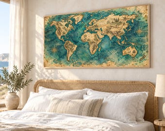 Vintage World Map Canvas, Antique Style Wall Art, Nautical Globe Decor, Rustic Travel Art Print, Blue and Beige Home Decoration