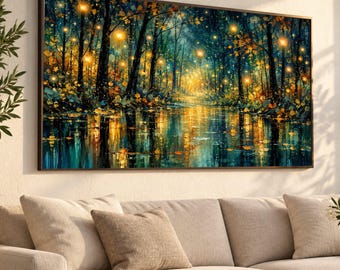 Enchanting Autumn Forest, Glowing Lanterns Canvas, Magical Woodland Reflection, Fall Landscape Wall Art, Nature Light Decoration