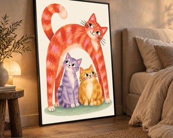 Playful Cats Family Canvas, Colorful Kitten Illustration, Cute Cat Wall Art, Whimsical Animal Canvas for Home Decor, Ready to Hang Art