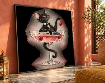 Elegant Black Cat Champagne Glass Canvas, Whimsical Animal Art, Cute Cocktail Theme, Playful Home Decoration, Relaxed Cat Wall Art
