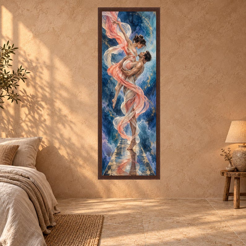 Romantic Dance Embrace Canvas, Couple Flowing Fabrics, Ethereal Love Wall Art, Abstract Sky Background, Elegant Home Decoration image 5