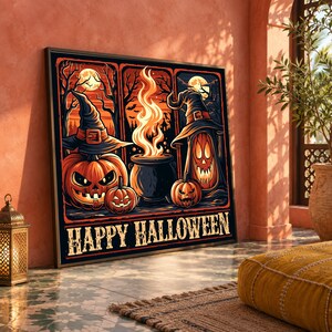 May include: A rectangular wall art print featuring a Halloween scene with two jack-o'-lanterns wearing witch hats, a central black cauldron with orange flames, and a full moon in the background. The text HAPPY HALLOWEEN is printed in bold.