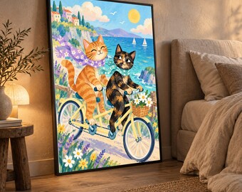 Whimsical Cats Riding Tandem Bike, Coastal Landscape Canvas Wall Art, Cute Animal Illustration, Floral Basket Decoration, Summer Nature