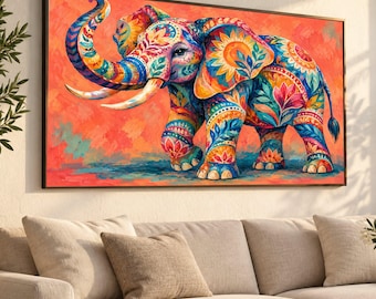 Vibrant Elephant Canvas Wall Art, Colorful Floral Animal Design, Boho Decor, African Wildlife Canvas, Ready to Hang Wall Decoration