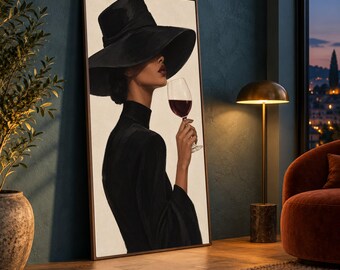 Elegant Woman Black Hat Canvas, Wine Glass Portrait Art, Chic Fashion Wall Decor, Modern Glamour Canvas, Sophisticated Home Decoration