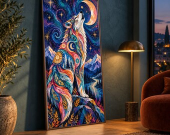 Colorful Howling Wolf Canvas, Mystical Night Sky Wall Art, Nature Scene Canvas, Mountain and River Landscape, Vibrant Animal Decor